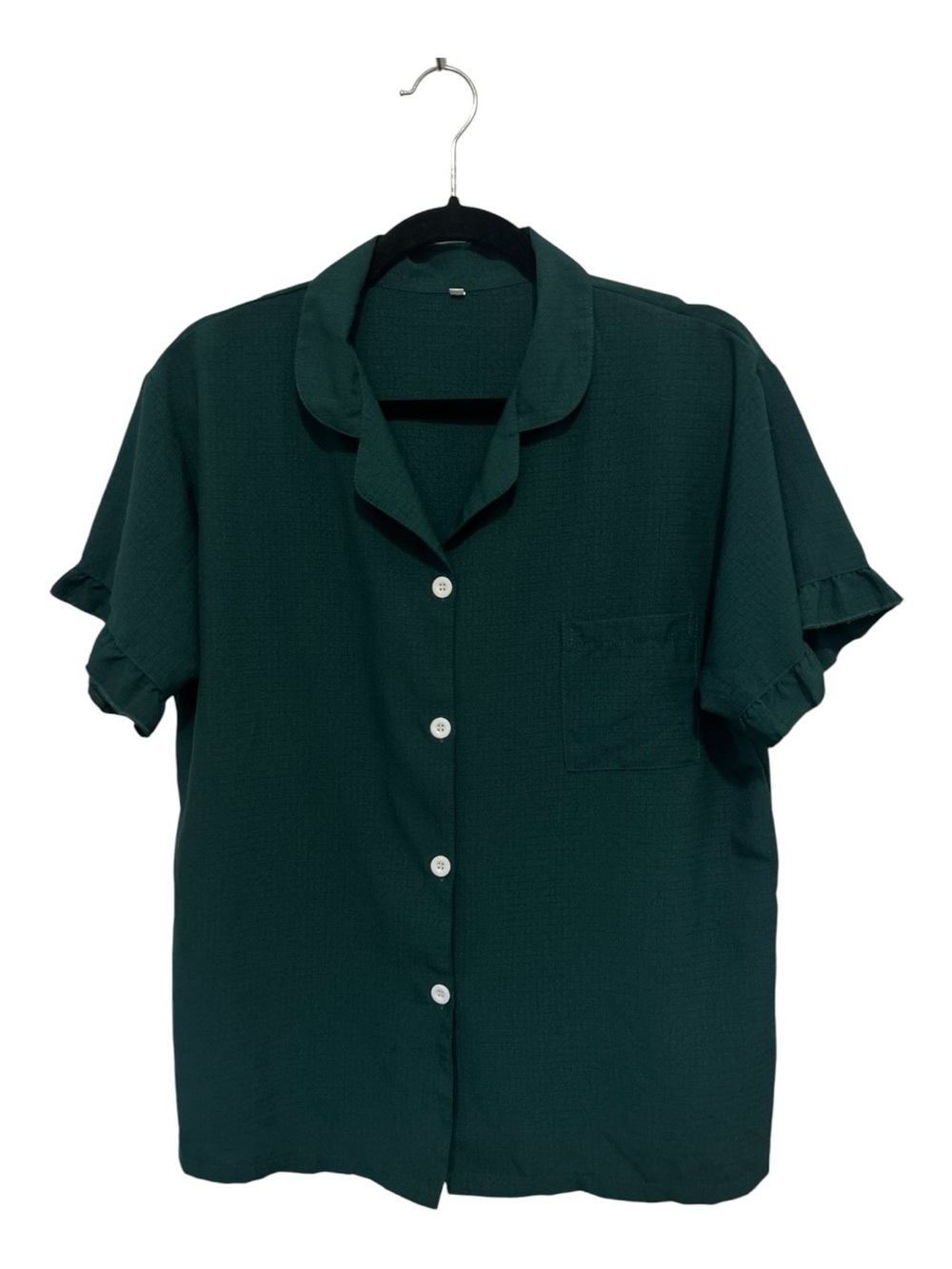 Relaxed Dark Green Short Sleeve Button-Down Shirt With Ruffle Sleeve Detail